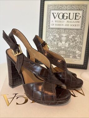 Michael Kors Dark Brown Croc-Embossed Platform Slingback Heels
